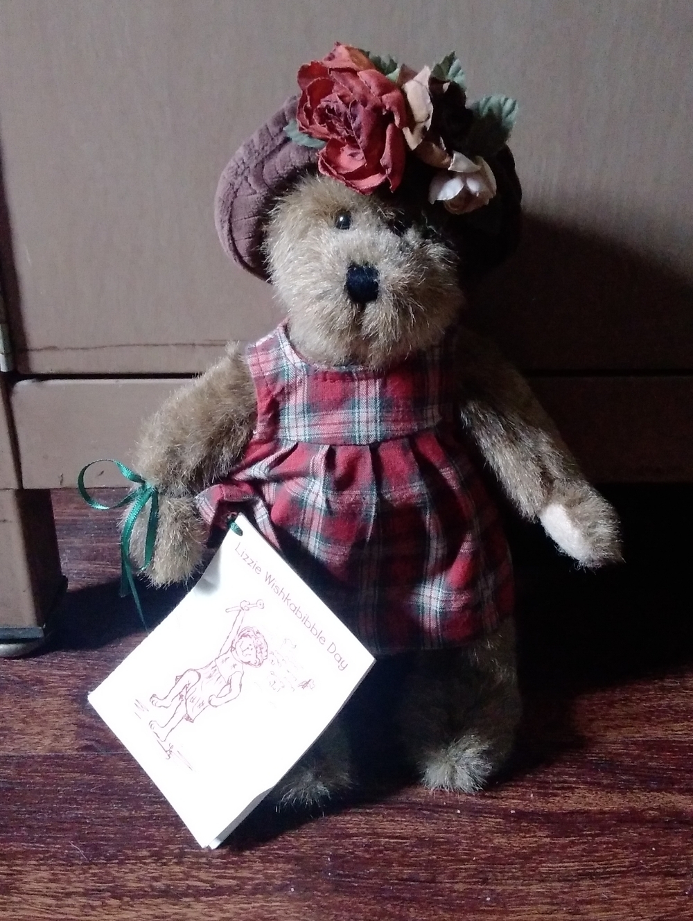 Boyds Bears Brown Plush Bear in Red Plaid Dress with Floral Hat
